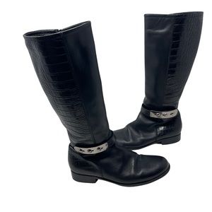 Missouri girl Italian fur lined black crock leather embossed tall riding boots